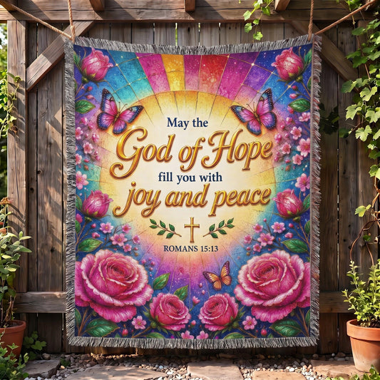 God of Hope - Romans 15:13 Rose Stained Glass Woven Blanket