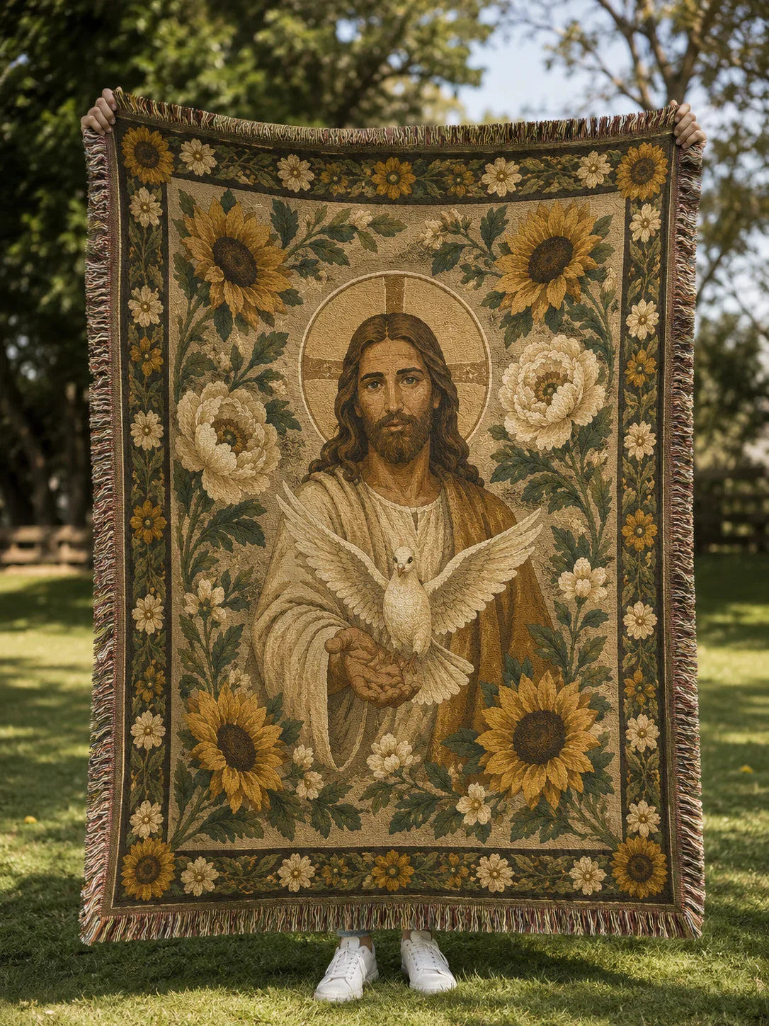 Outdoor lifestyle mockup - Jesus and dove woven blanket