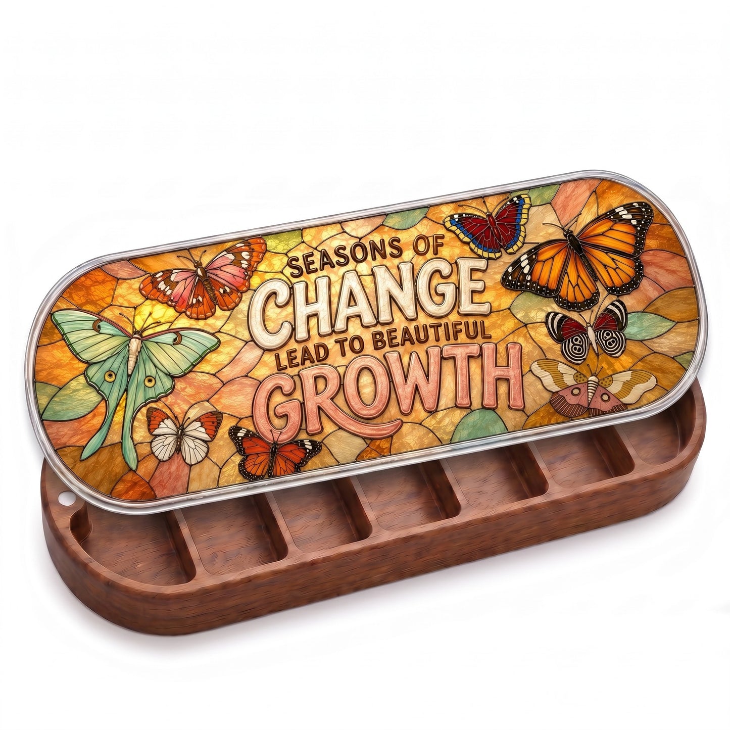 Open wooden Seasons of Change Lead to Beautiful Growth Pillcase with butterflies and moths on a stained-glass-style lid on white