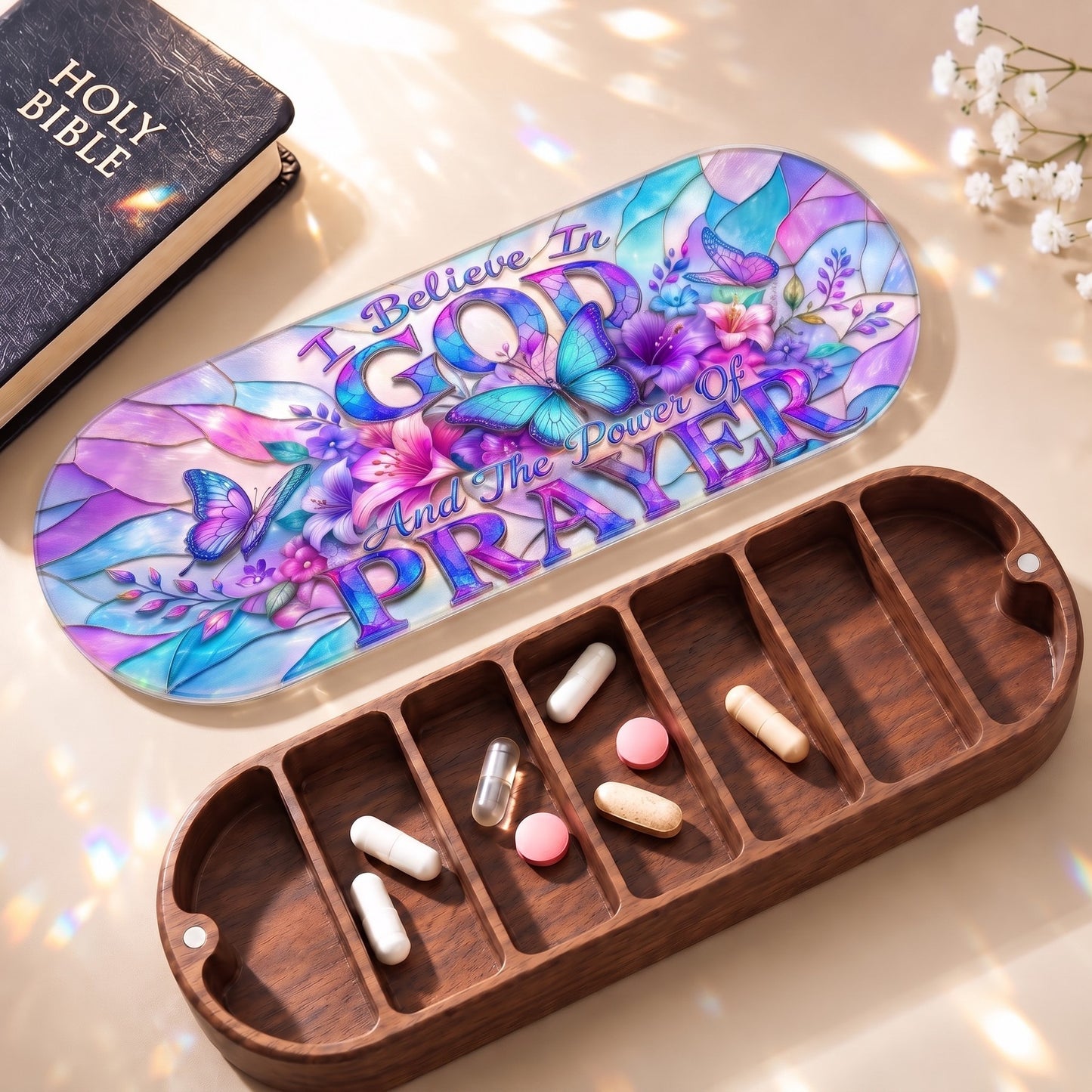 I Believe in God and the Power of Prayer Pillcase with Holy Bible and daily tablets