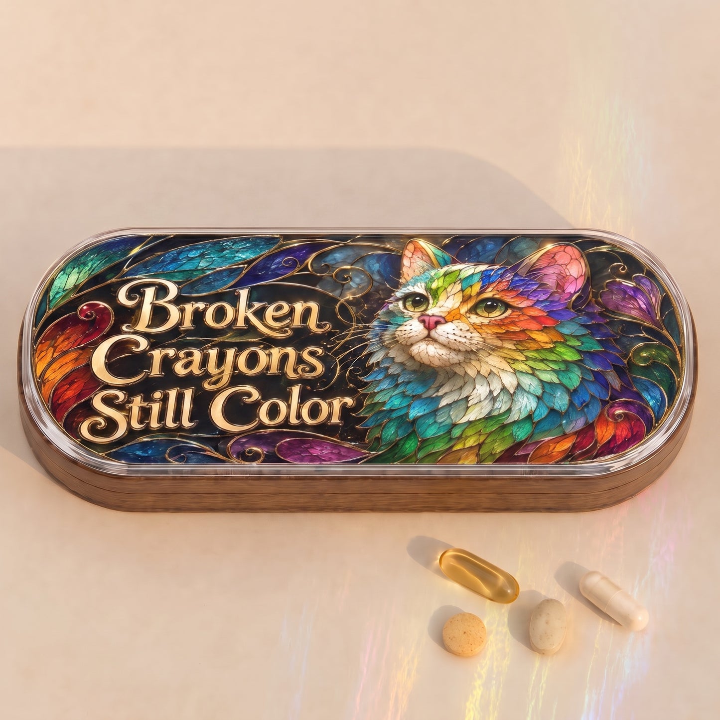 Broken Crayons Still Color rainbow cat stained-glass Pillcase tin with four tablets on a warm cream surface