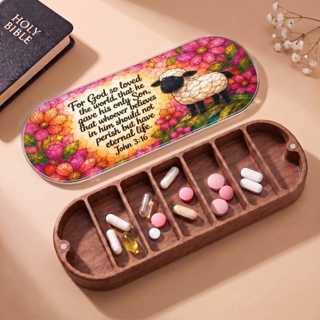 Open wooden Pillcase with John 3:16 floral sheep lid, Holy Bible and daily tablets