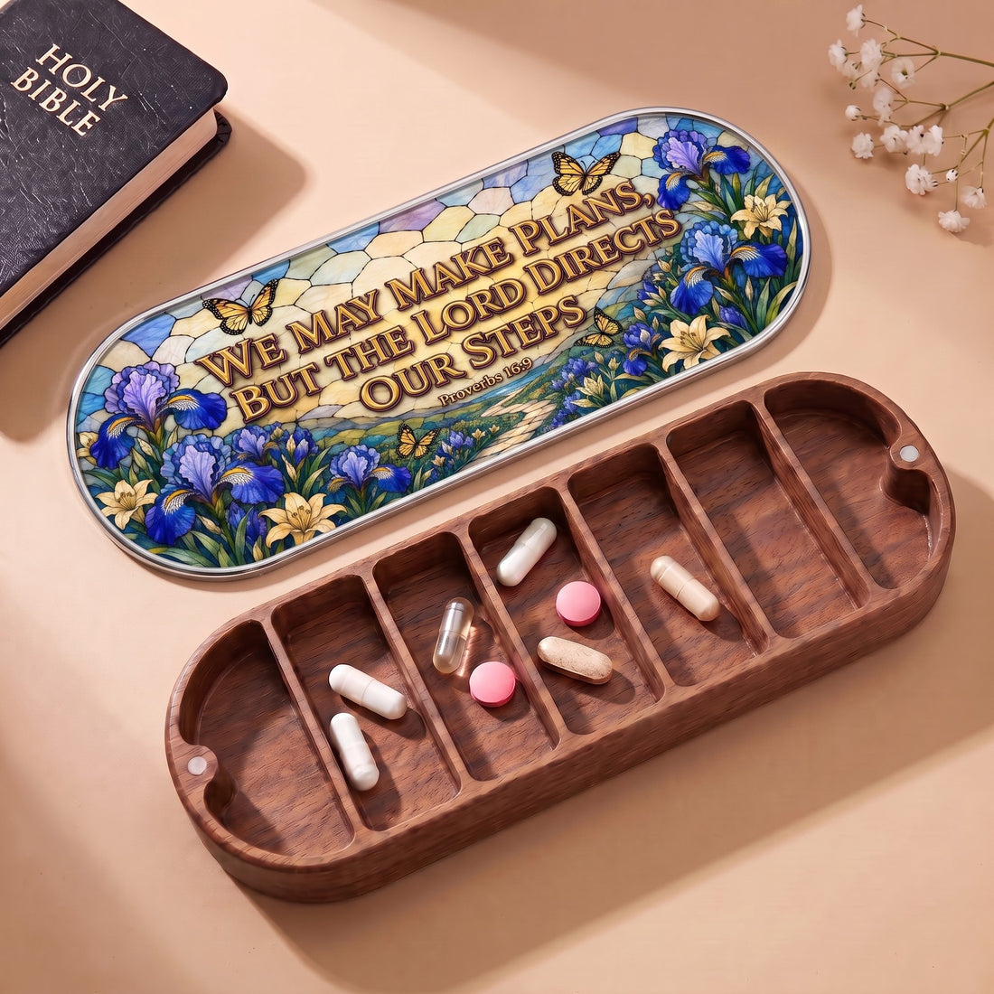 Proverbs 16:9 Pillcase with Holy Bible and daily tablets