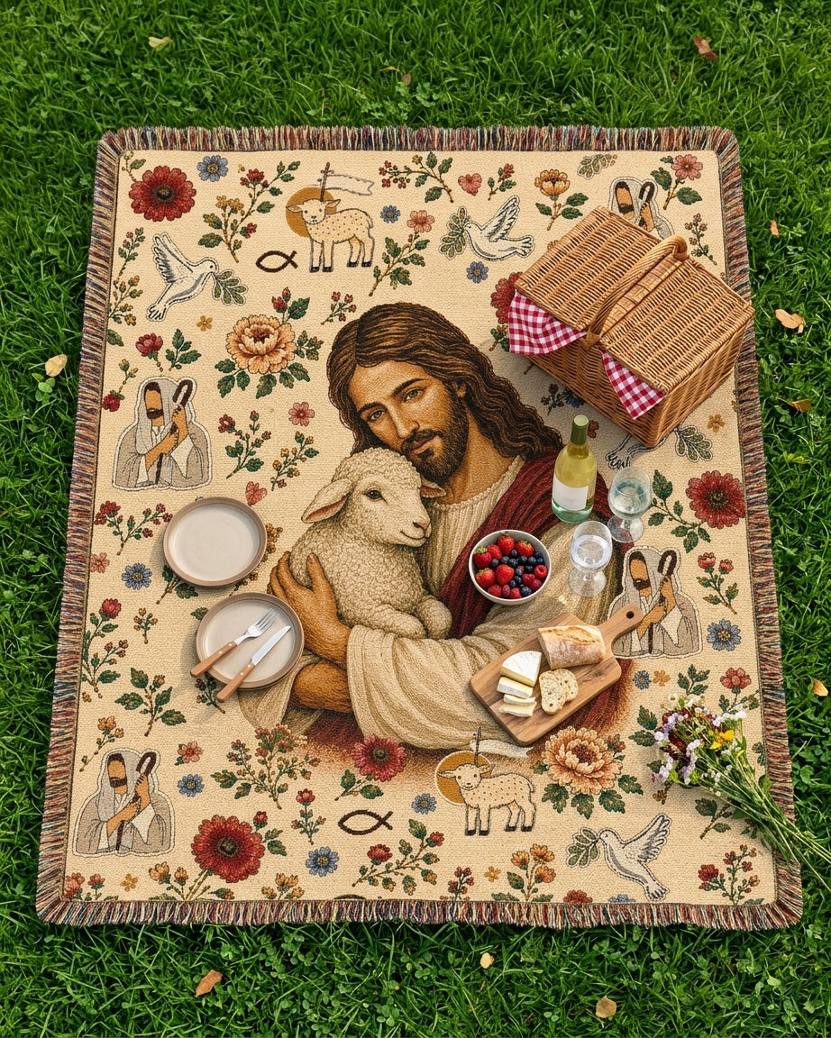 Held Close by the Good Shepherd Woven Blanket