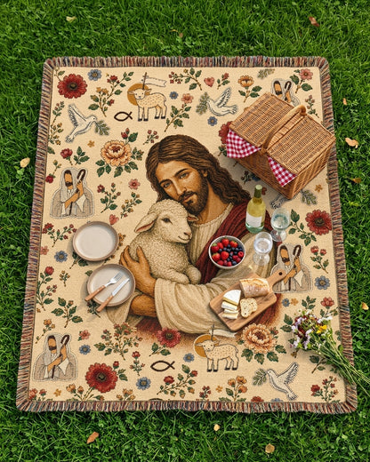 Held Close by the Good Shepherd Woven Blanket