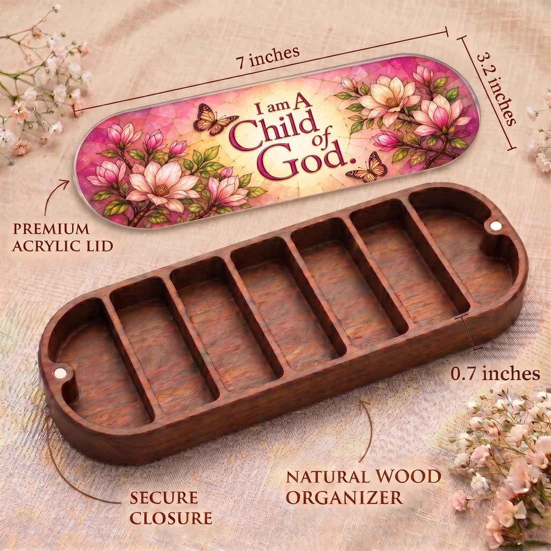 "I Am a Child of God — Magnolia & Butterfly Stained Glass" Pill Case clean product view