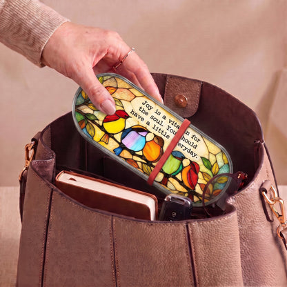 Joy Is a Vitamin for the Soul colorful songbirds Pillcase carried inside a handbag with everyday essentials