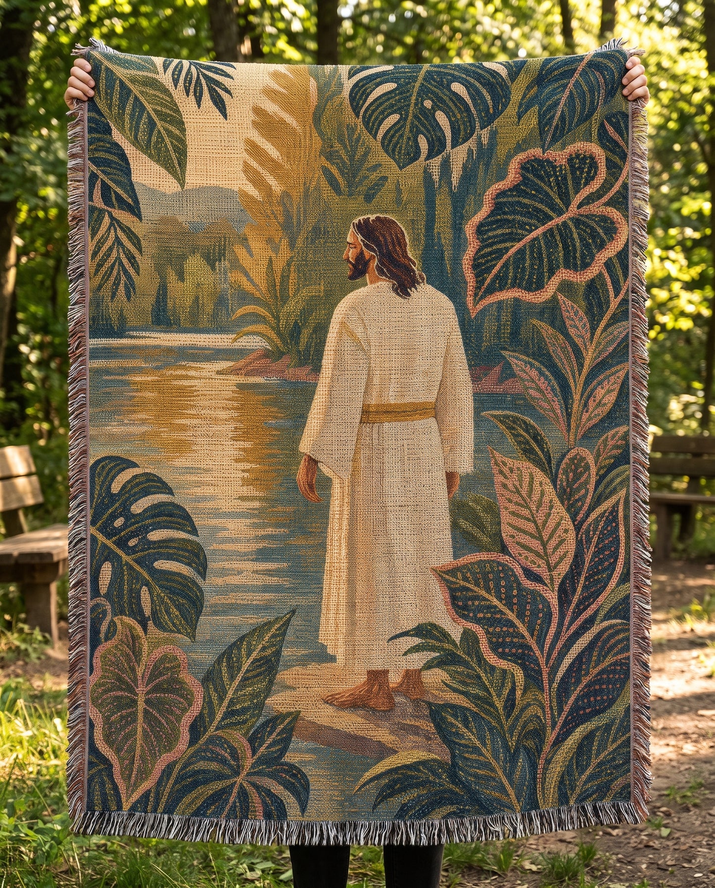 Outdoor held mockup - Beside Still Waters with Jesus Woven Blanket