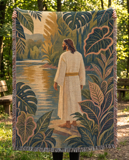 Outdoor held mockup - Beside Still Waters with Jesus Woven Blanket