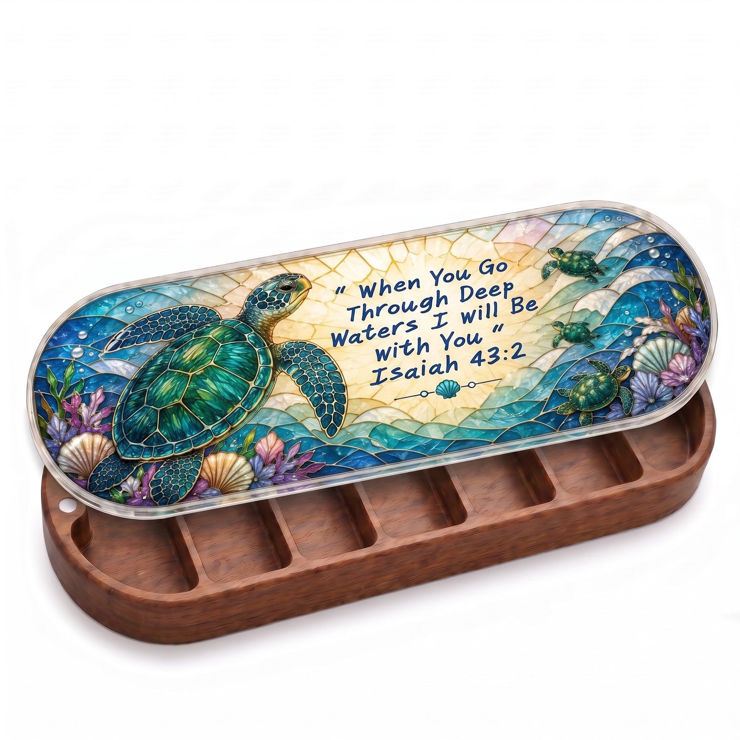 Open wooden Pillcase with green sea turtles and Isaiah 43:2 stained-glass lid on white