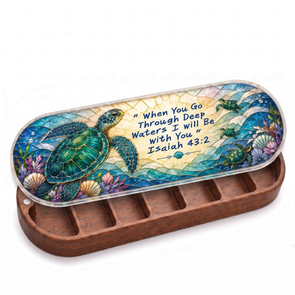 Open wooden Pillcase with green sea turtles and Isaiah 43:2 stained-glass lid on white
