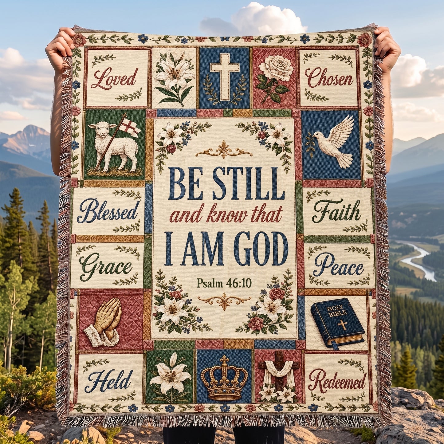 Be Still and Know That I Am God Psalm 46:10 Patchwork Woven Blanket