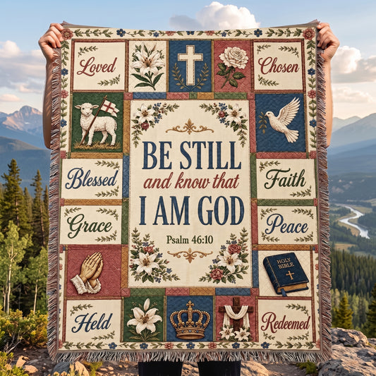 Be Still and Know That I Am God Psalm 46:10 Patchwork Woven Blanket