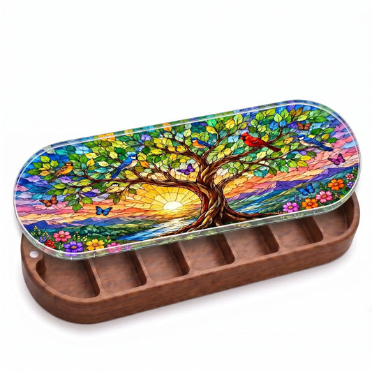 Open wooden Tree of Life at Sunrise Pillcase with colorful songbirds and butterflies on white