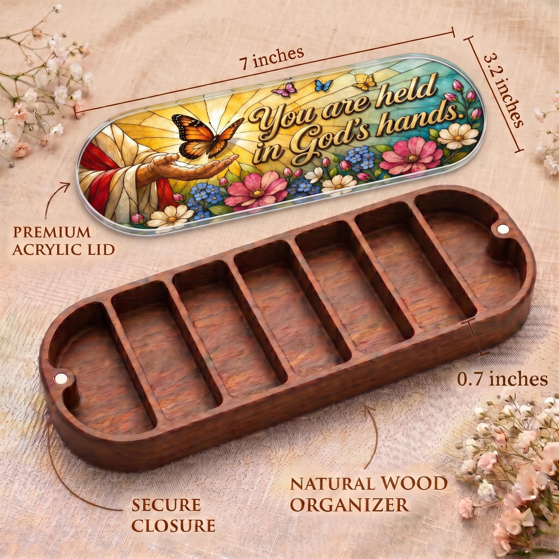 You Are Held in God’s Hands Pillcase dimensions with acrylic lid, secure closure and natural wood organizer