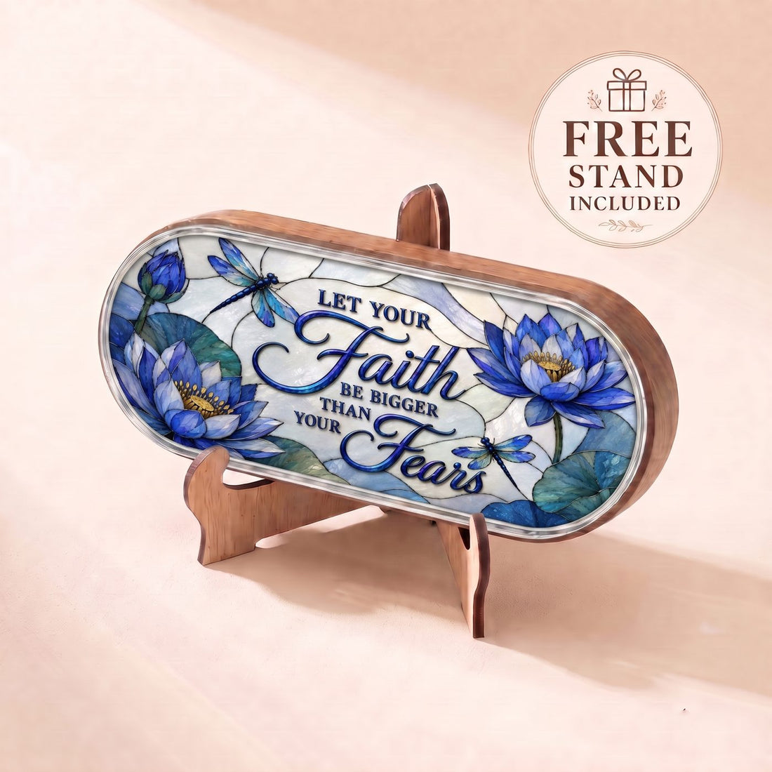 "Let Your Faith Be Bigger Than Your Fears — Blue Lotus & Dragonfly Stained Glass" Pill Case dimensions and features