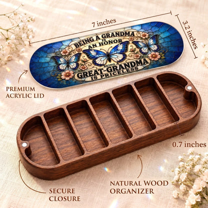 Being a Grandma Is an Honor Pillcase dimensions with blue butterfly acrylic lid, secure closure and natural wood organizer