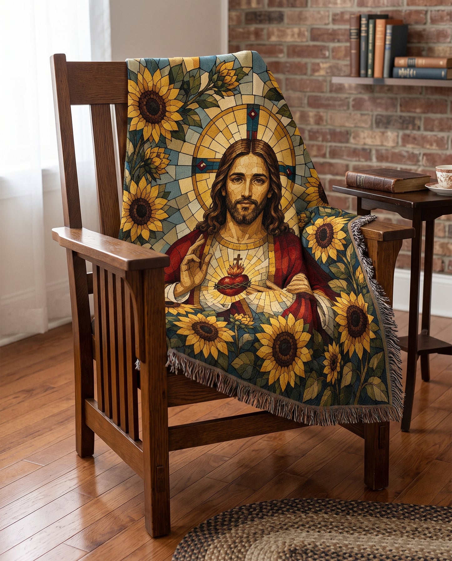 Sacred Heart of Jesus - Sunflower Mosaic Woven Blanket