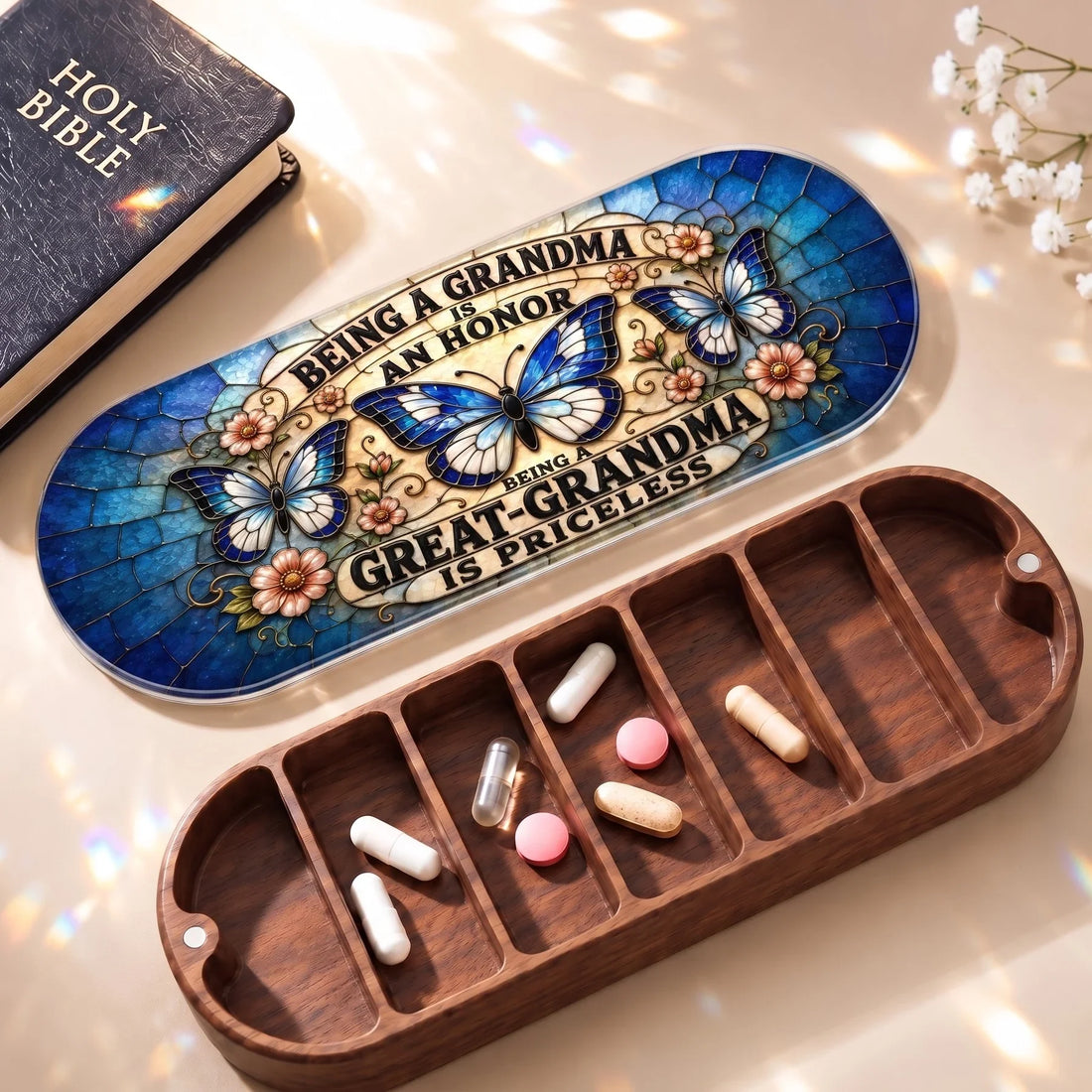 Being a Grandma Is an Honor Pillcase with Holy Bible and daily tablets