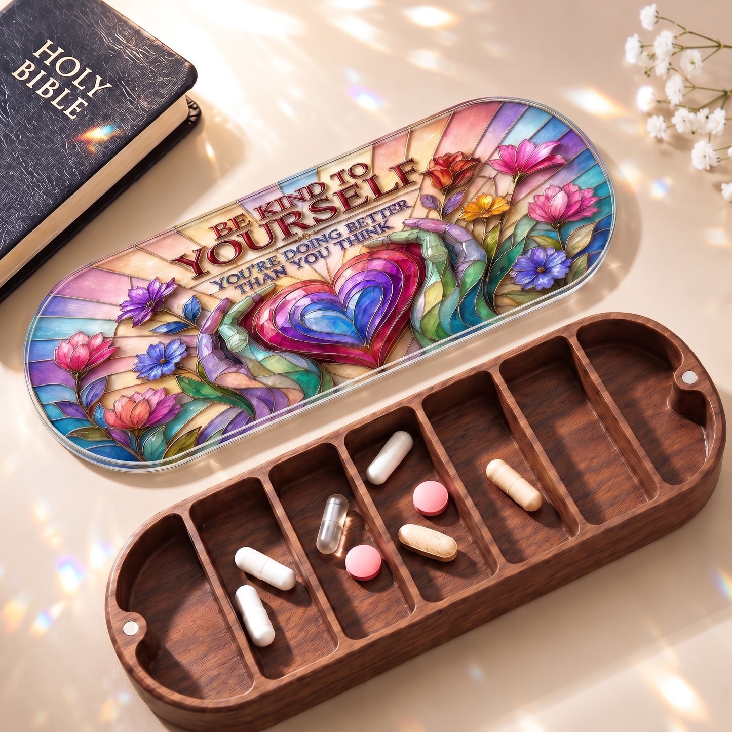 Be Kind to Yourself stained-glass Pillcase with Holy Bible, daily tablets and open wooden compartments