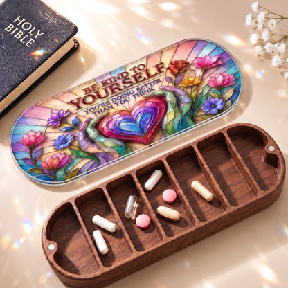 Be Kind to Yourself stained-glass Pillcase with Holy Bible, daily tablets and open wooden compartments