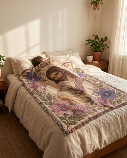 Good Shepherd Lavender Florals Woven Blanket mockup 5