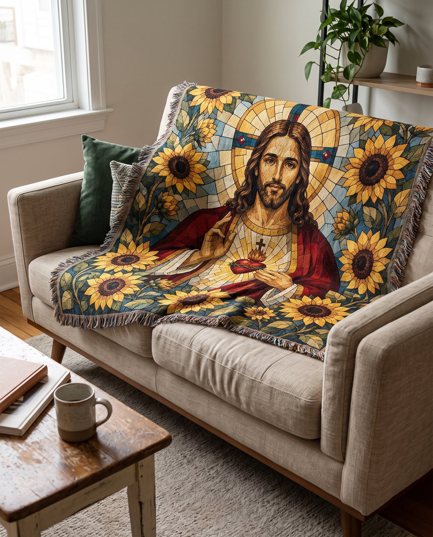 Sacred Heart of Jesus - Sunflower Mosaic Woven Blanket