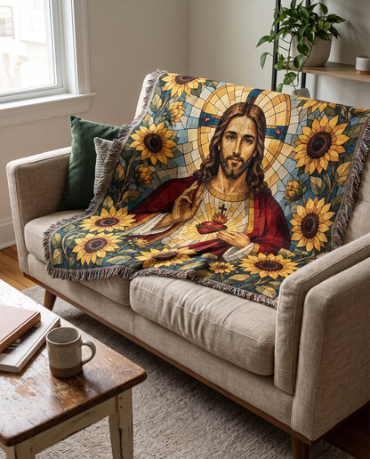 Sacred Heart of Jesus - Sunflower Mosaic Woven Blanket
