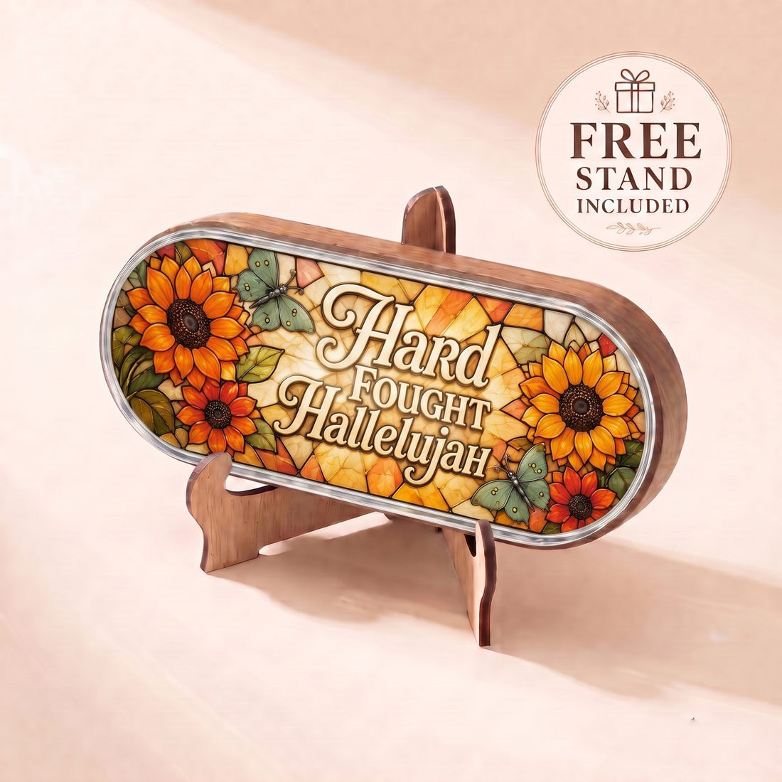 "Hard Fought Hallelujah — Sunflower & Butterfly Stained Glass" Pill Case — scripture plaque displayed on the included wooden stand