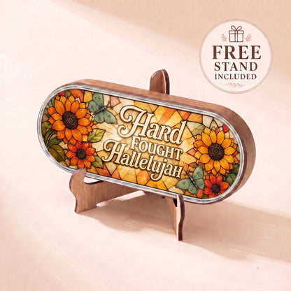 "Hard Fought Hallelujah — Sunflower & Butterfly Stained Glass" Pill Case — scripture plaque displayed on the included wooden stand