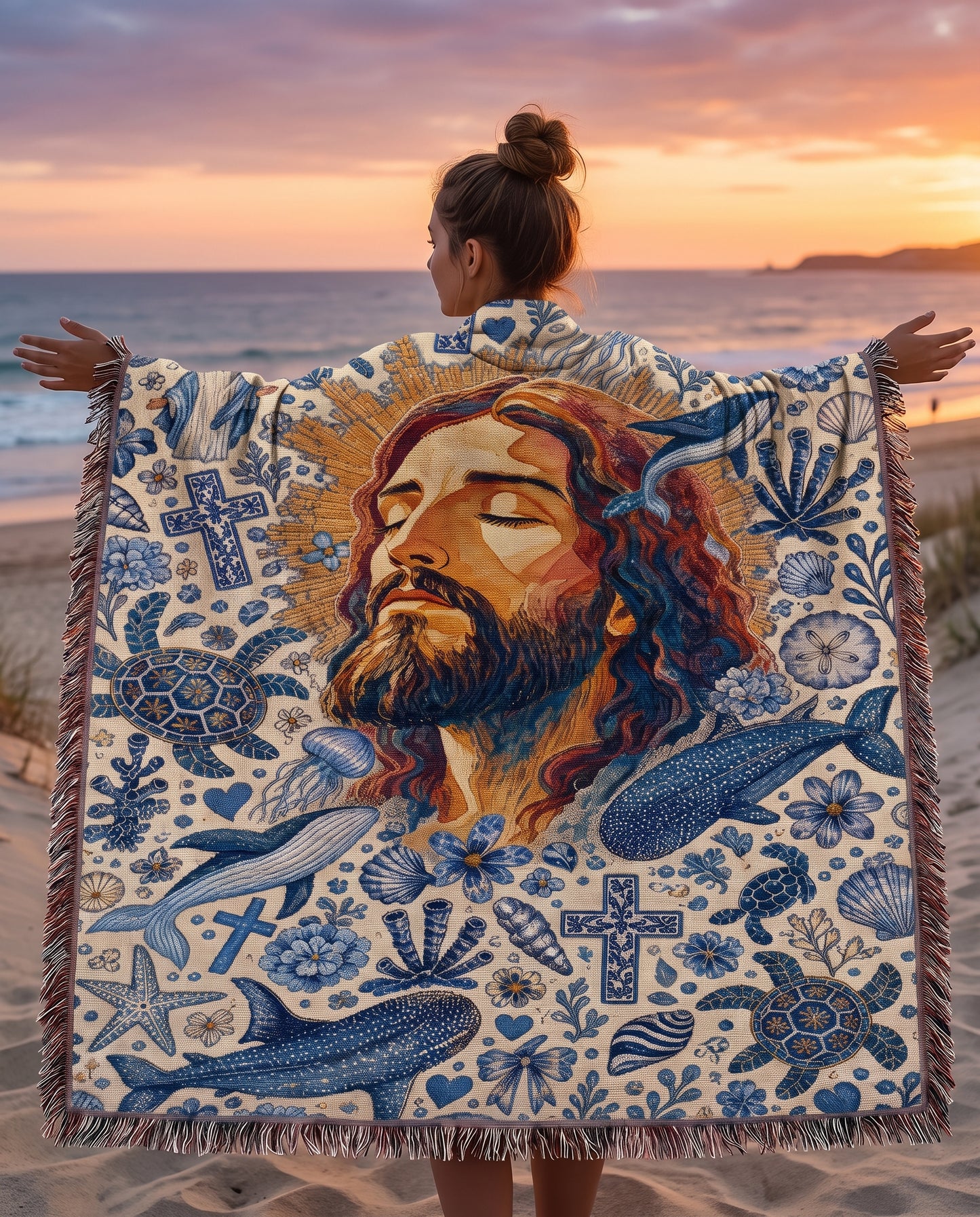 Beach sunset lifestyle - Ocean Grace Jesus Woven Blanket