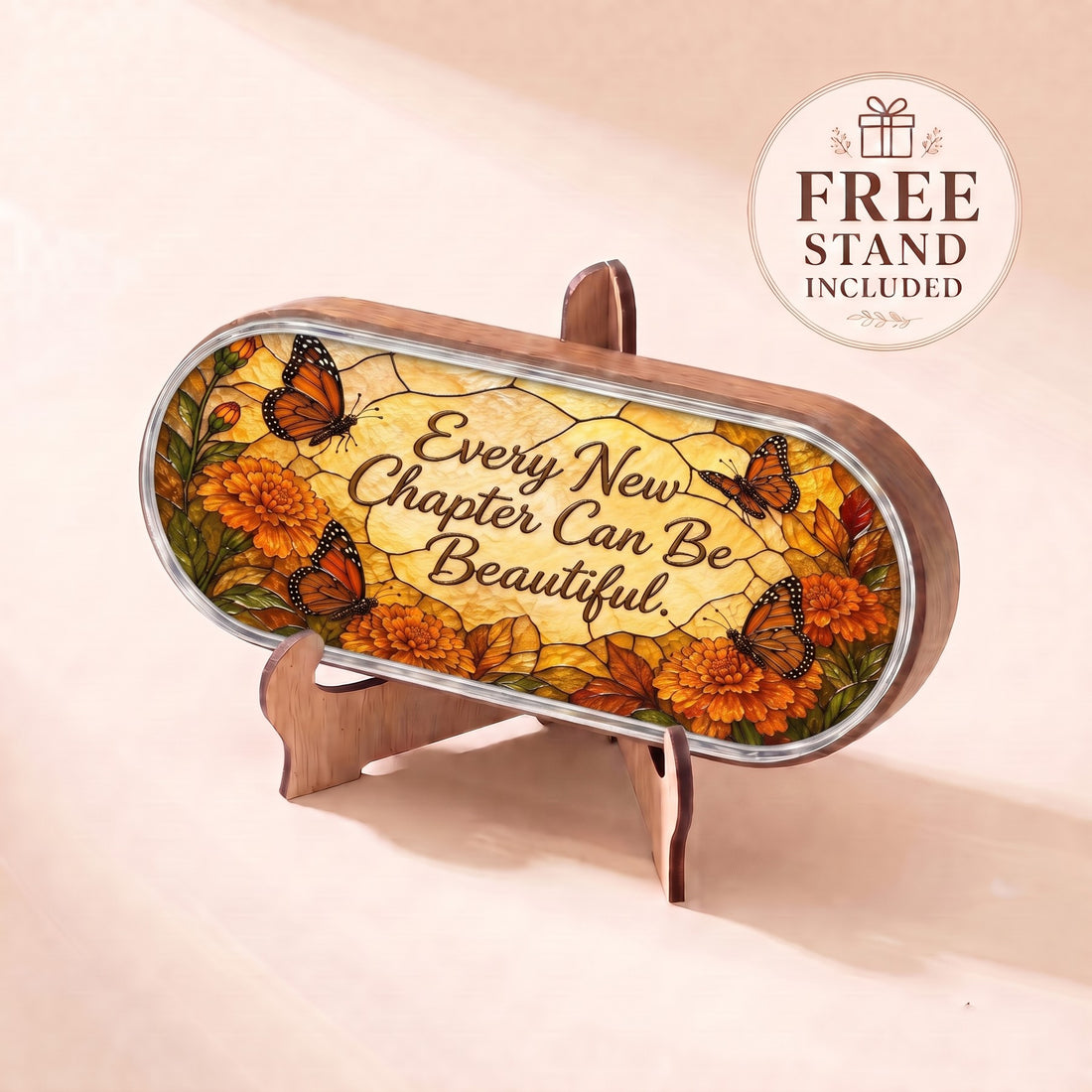 Every New Chapter Can Be Beautiful autumn-butterfly Pillcase displayed on included wooden stand