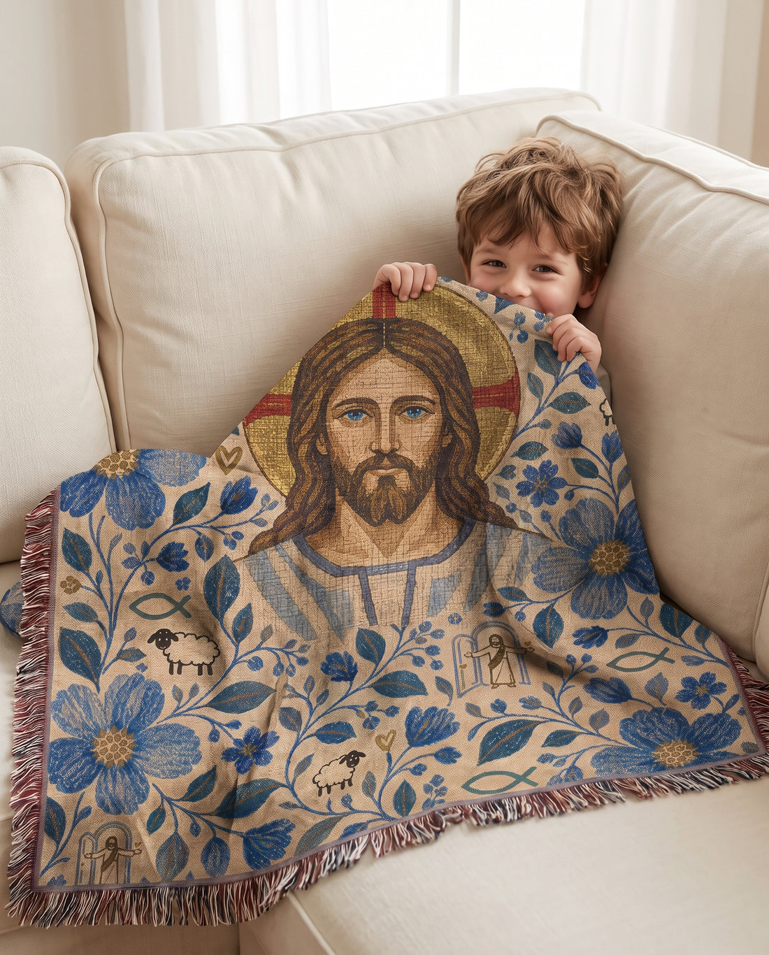 Family sofa lifestyle - Good Shepherd in Blue Garden Woven Blanket