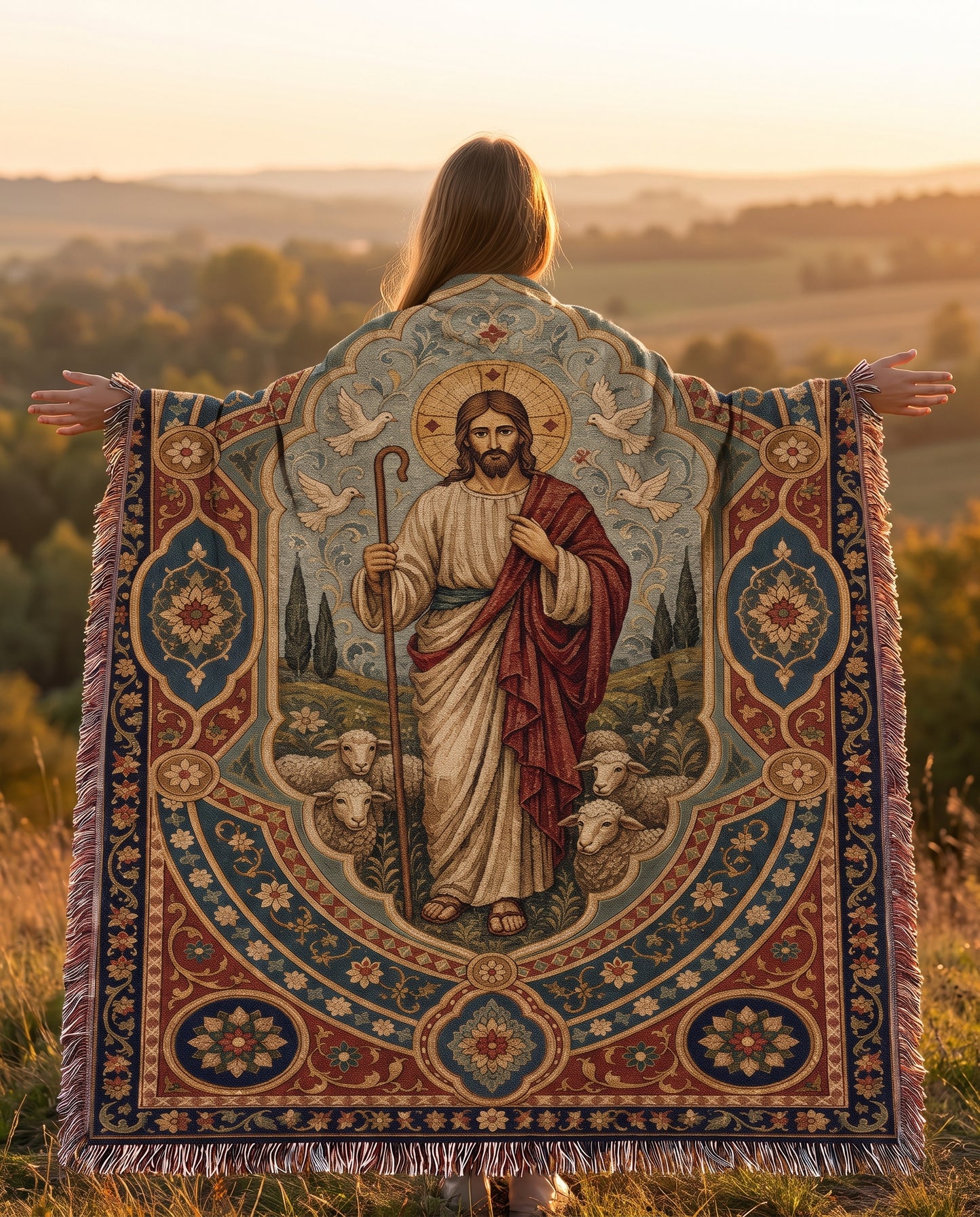Outdoor golden hour lifestyle - Good Shepherd Peace Woven Blanket
