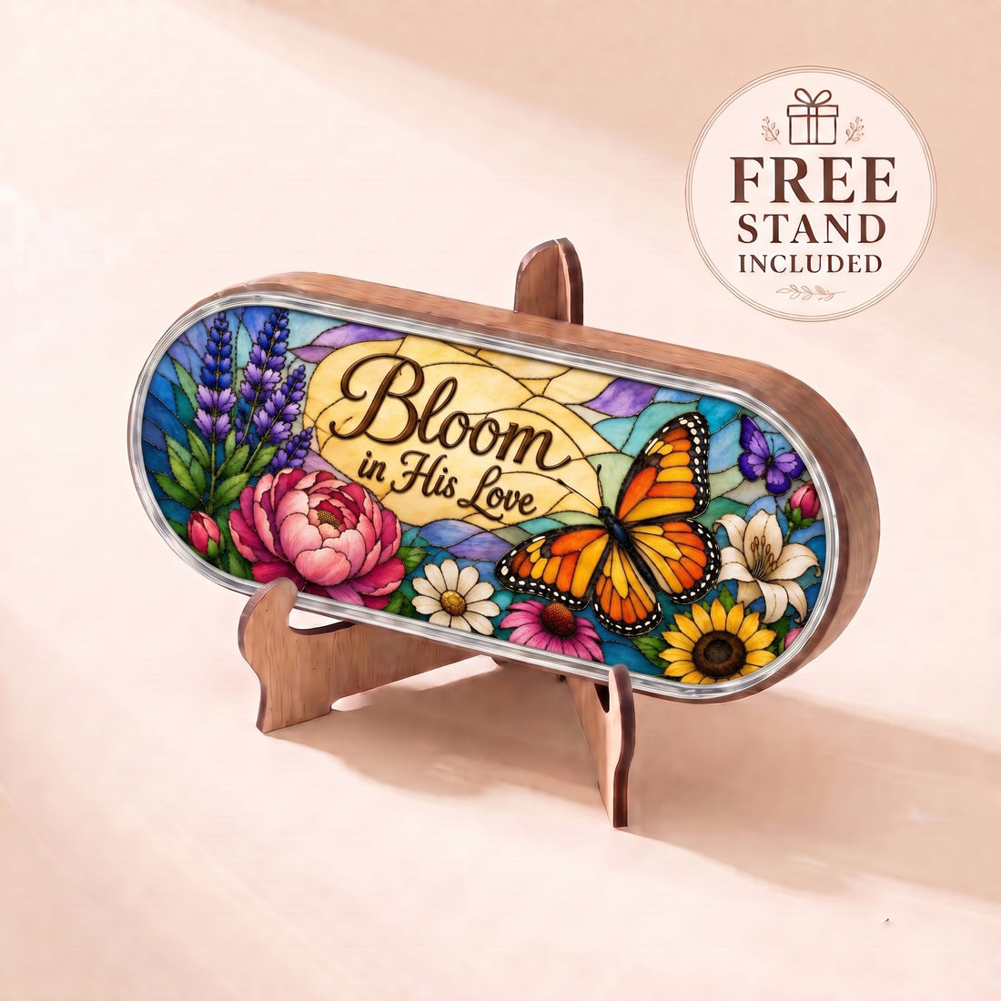 Bloom in His Love monarch butterfly Pillcase lid displayed on included wooden stand