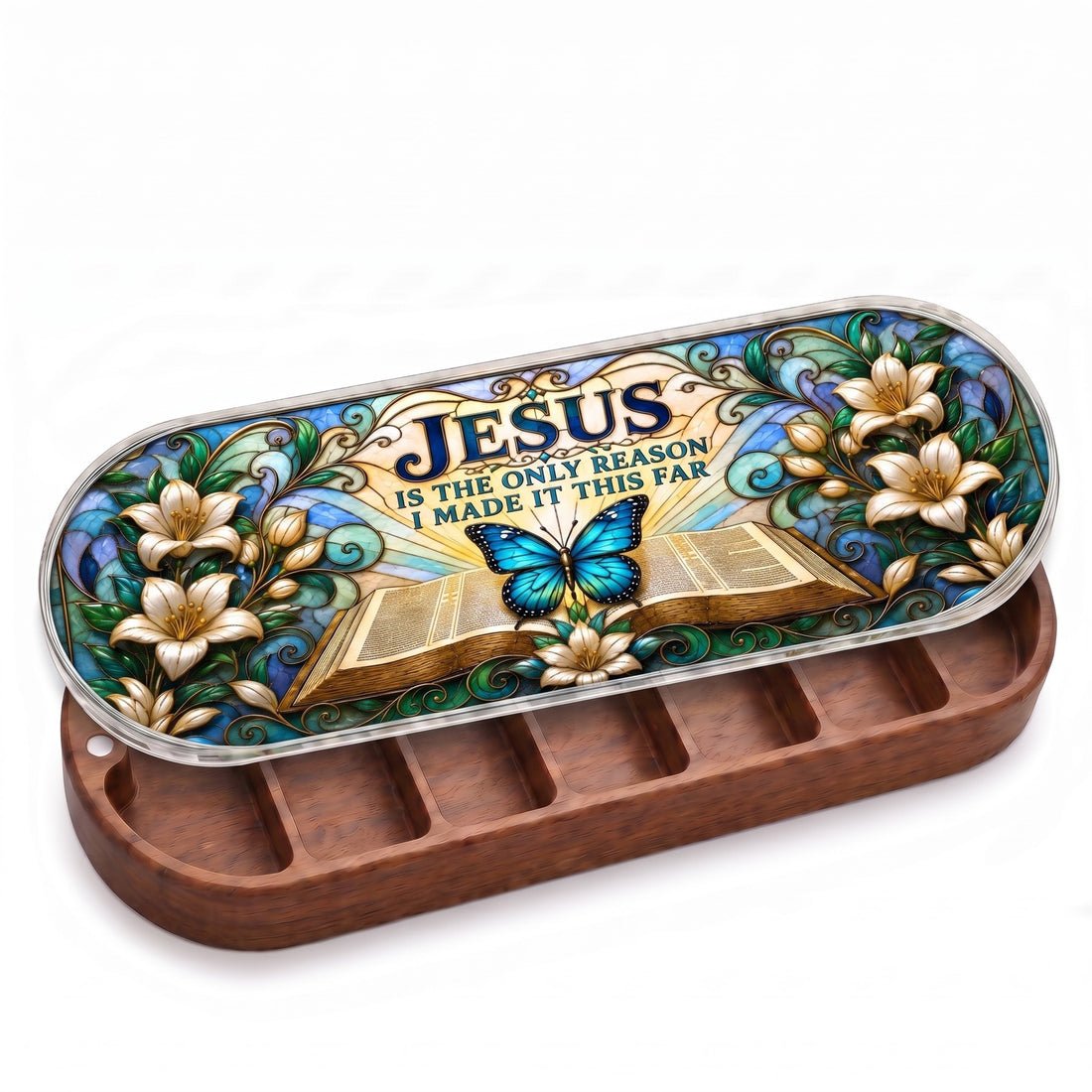 Open wooden Pillcase with Jesus Is the Only Reason lily and blue butterfly stained-glass-style lid on white