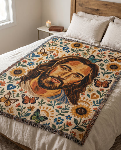 Jesus in the Sunflower Garden Woven Blanket gallery image 3