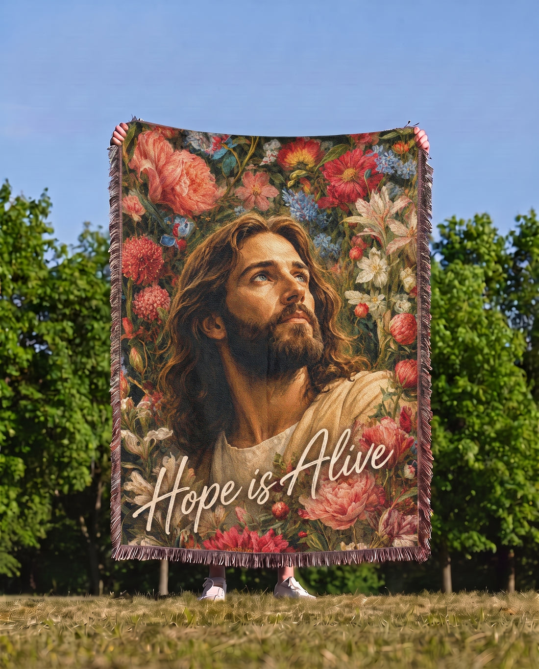 Hope Is Alive Floral Jesus Woven Blanket gallery image 2