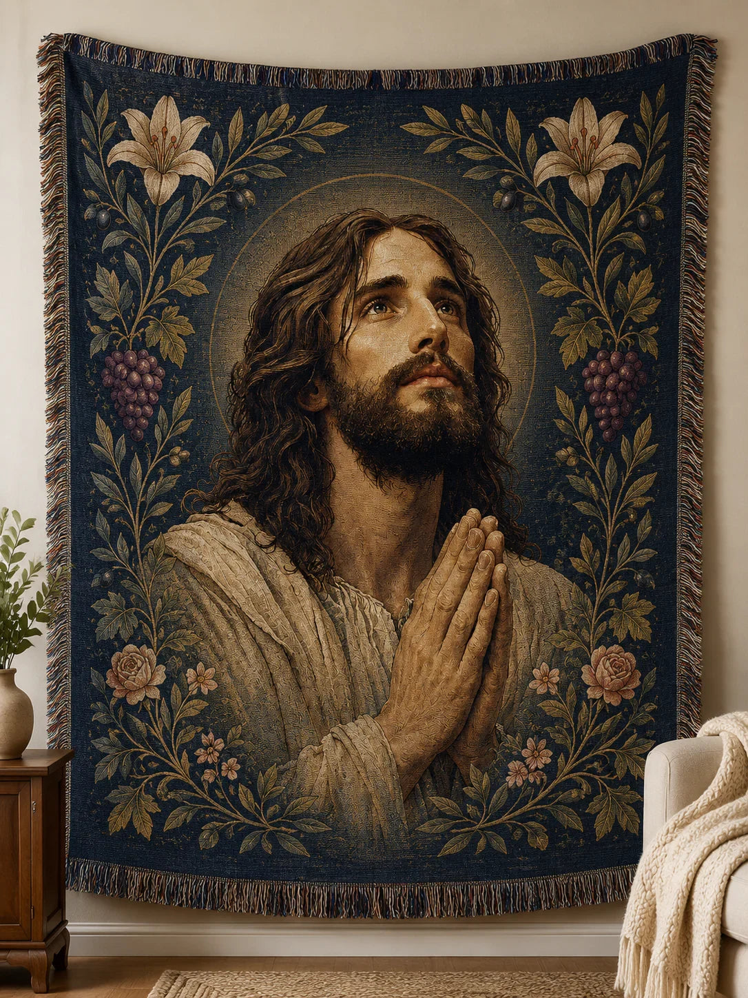 Wall tapestry view - Praying Jesus Garden of Grace Woven Blanket