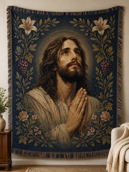 Wall tapestry view - Praying Jesus Garden of Grace Woven Blanket