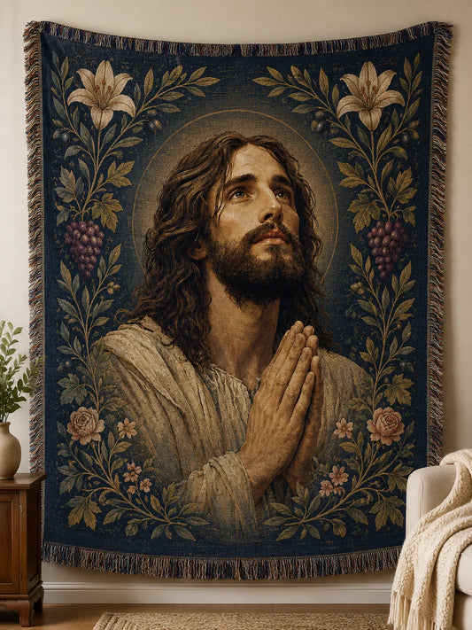 Wall tapestry view - Praying Jesus Garden of Grace Woven Blanket