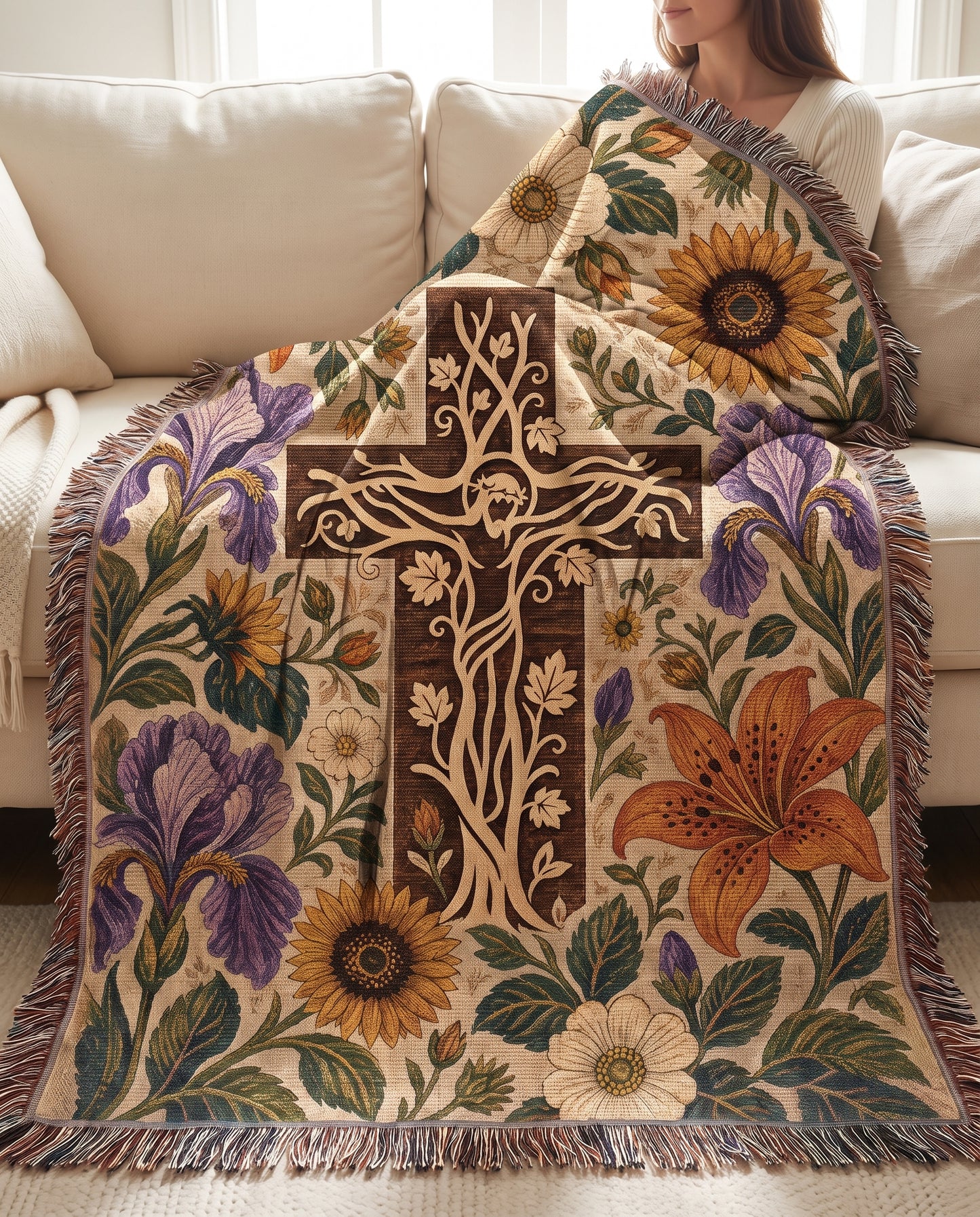 Tree of Calvary - Garden Bloom Woven Blanket - Tree of Calvary Garden Bloom woven blanket on cream sofa