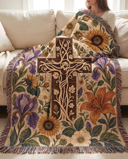 Tree of Calvary - Garden Bloom Woven Blanket - Tree of Calvary Garden Bloom woven blanket on cream sofa