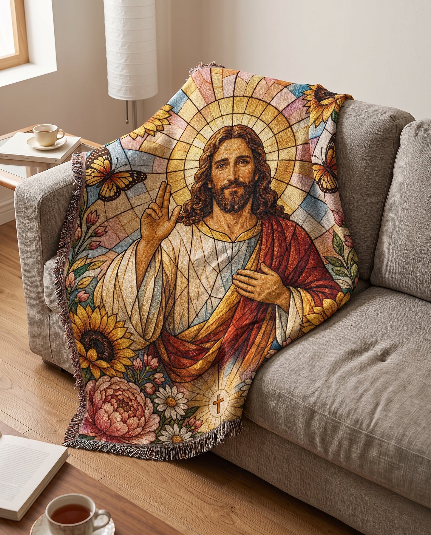 Radiant Savior - Stained Glass Jesus Woven Blanket