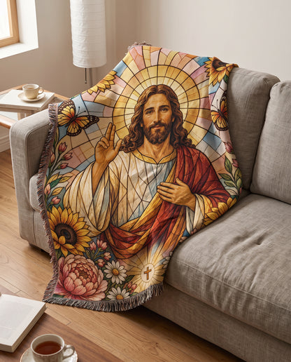 Radiant Savior - Stained Glass Jesus Woven Blanket
