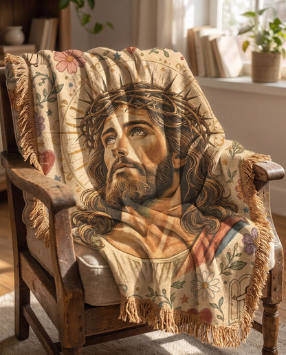 Crowned in Grace - Floral Jesus Woven Blanket