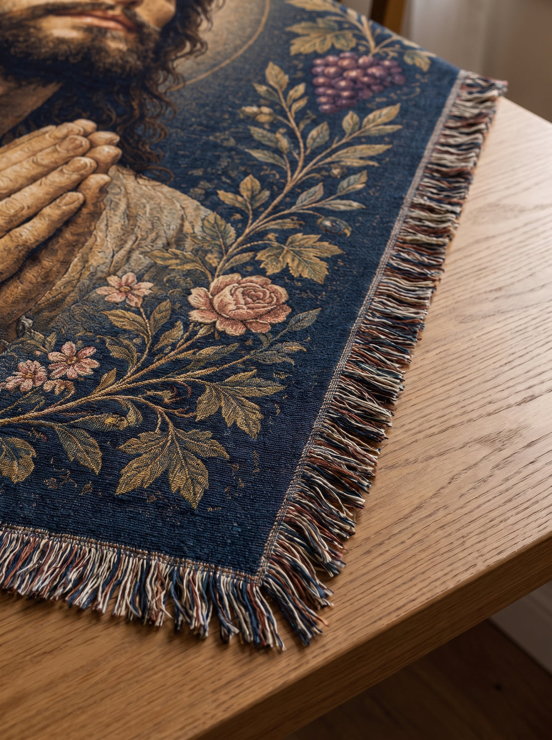 Close-up woven detail - Praying Jesus Garden of Grace Woven Blanket