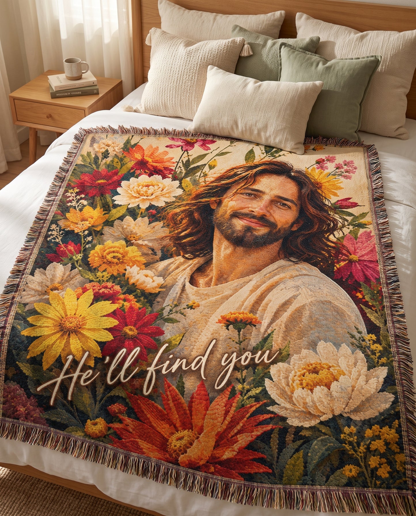 He’ll Find You Floral Jesus Woven Blanket gallery image 1