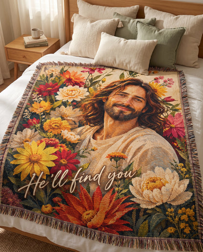 He’ll Find You Floral Jesus Woven Blanket gallery image 1