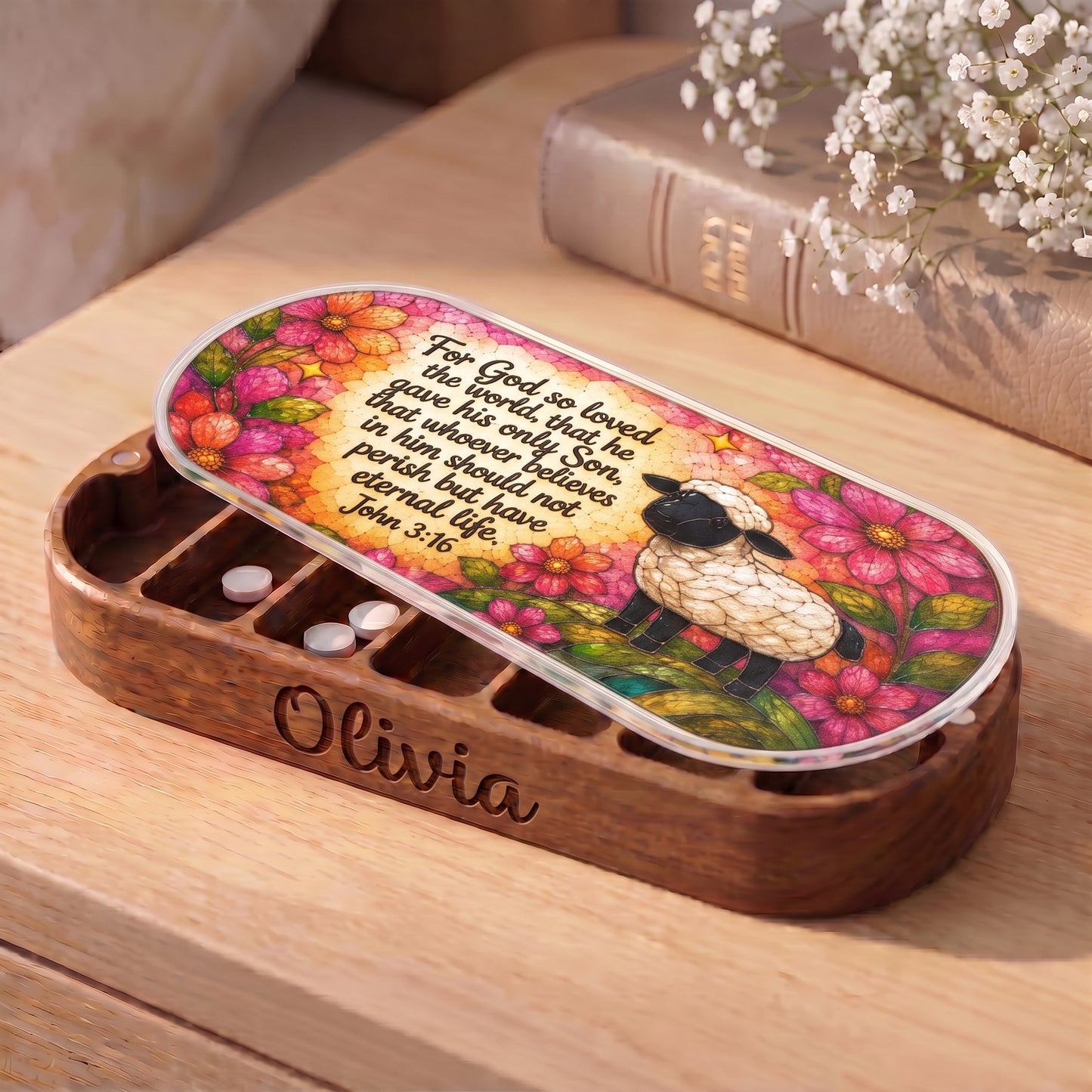 Personalized wooden Pillcase with John 3:16 floral sheep artwork on bedside table